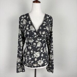 Vtg Axcess L Whimsigoth Blouse Dark Floral Brown Fairy Y2k Long Sleeve Babydoll